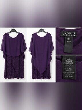 En Focus Women 16W Purple Lace Overlay Cocktail Party Sheath Dress Plus Size.